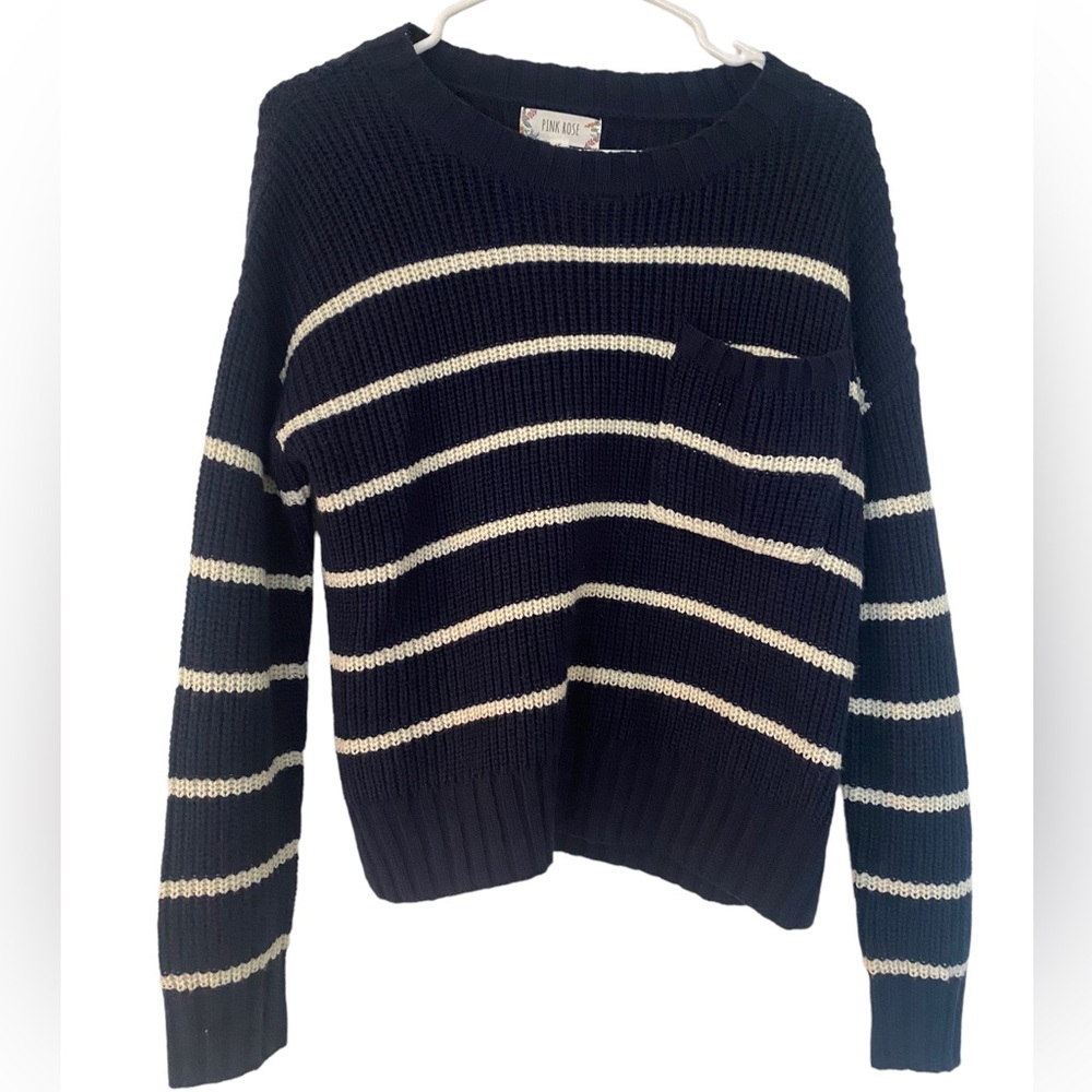 PINK ROSE SWEATER BLUE AND WHITE STRIPES SIZE SMALL